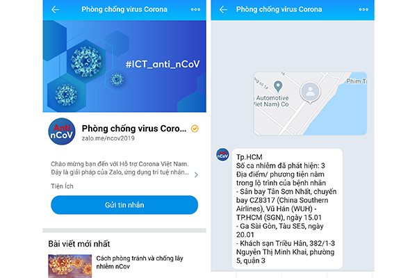 Kiểm tra khu vực lây nhiễm dịch do nCoV bằng chatbot trên zalo