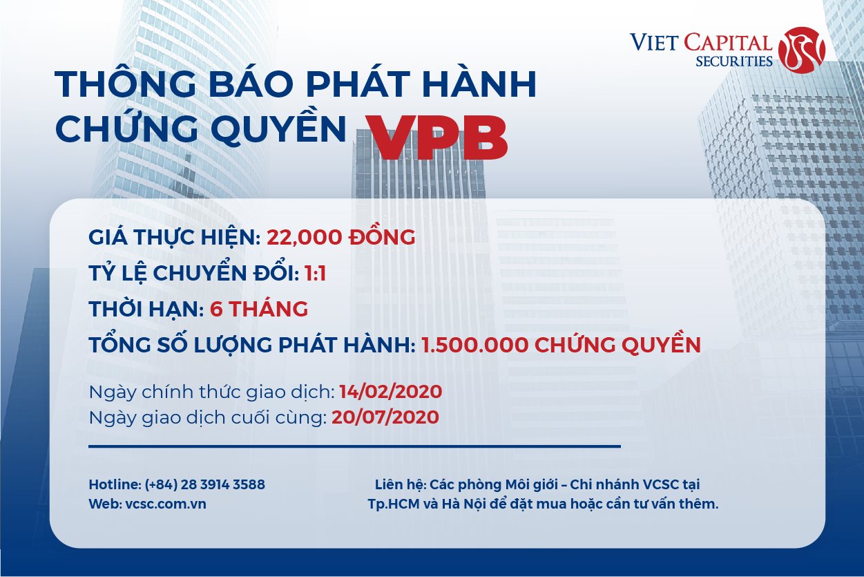 Chứng khoán Bản Việt (VCSC) phát hành chứng quyền cho 2 mã FPT và VPB