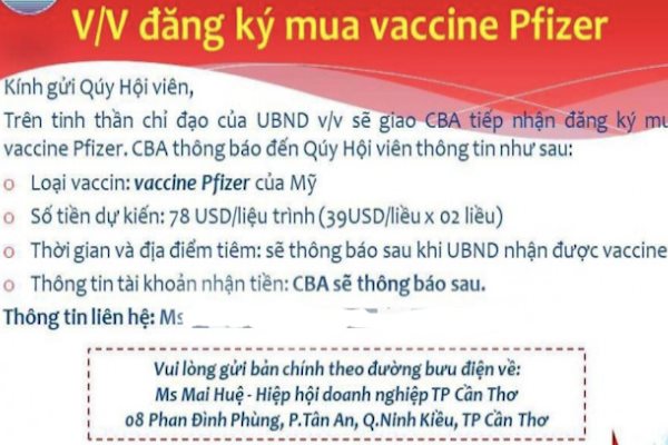 Cần Thơ bác bỏ thông tin cho phép doanh nghiệp nhận đăng ký tiêm vaccine dịch vụ