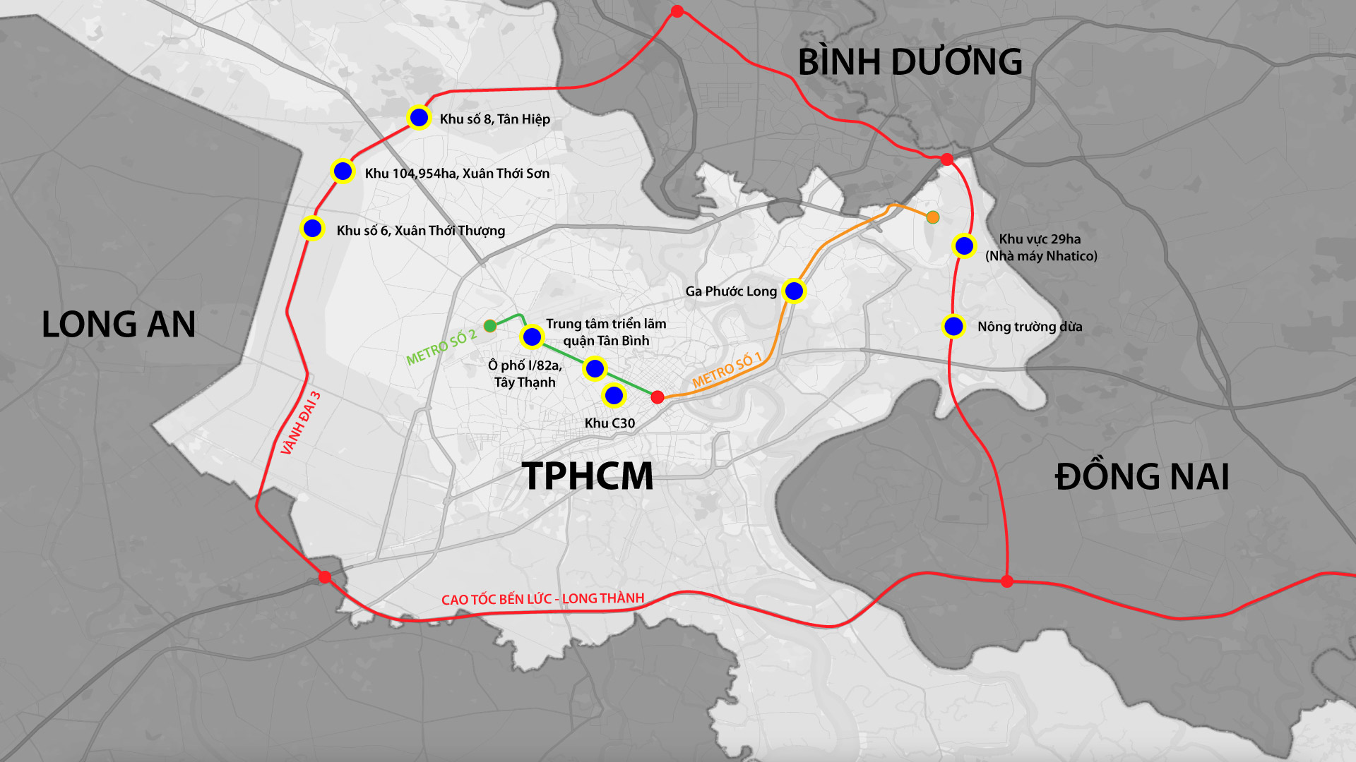 Chín vị trí thí điểm mô hình TOD tại TPHCM. Ảnh: Minh Hoàng